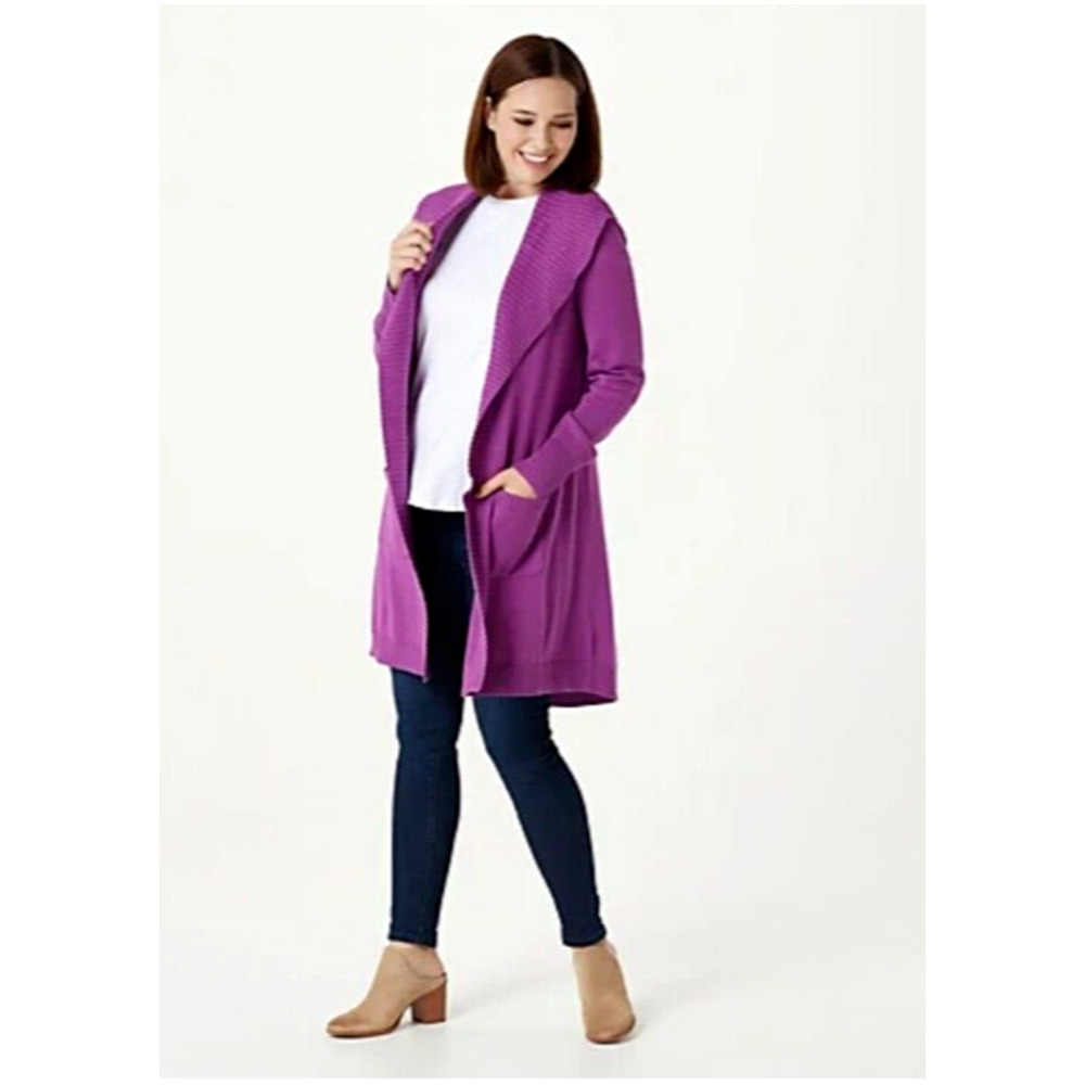 Isaac Mizrahi Live 3X Shawl Collar Long Cardigan Wild Berry Purple New~Flaw
